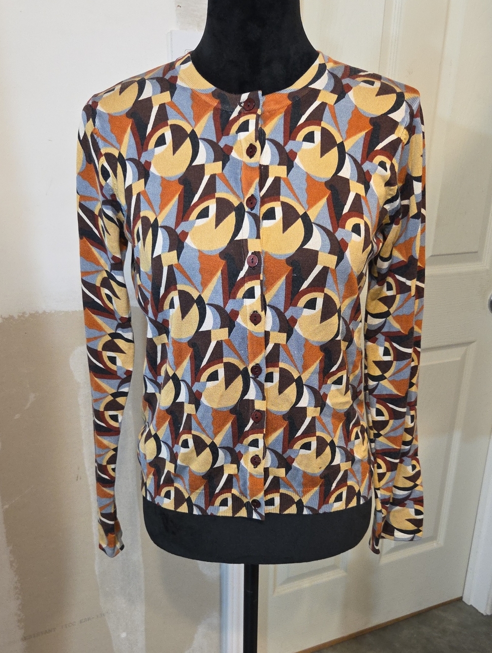 IRKA Silk Retro Geometric Button-Front Cardigan in Mustard, Rust & Slate